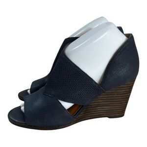 Lucky Brand Jedrek Women Wedge Boots Size 7.5 Leather Blue Heel Zip Peep Toe